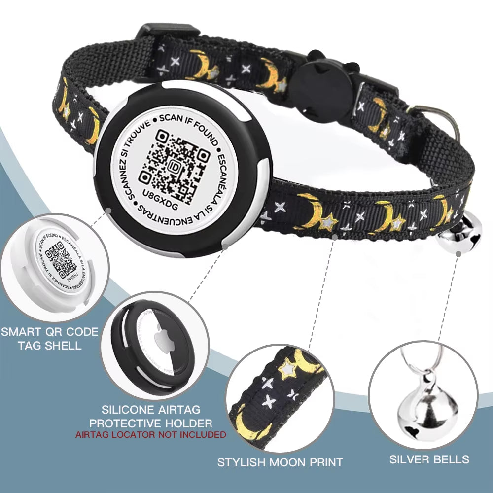 GPS Tracker Cat Collar with Airtag Case Holder, Air Tag Cat Holder & QR ID Tag Dual Protection Kitten Collar for Gatos Apple Tag