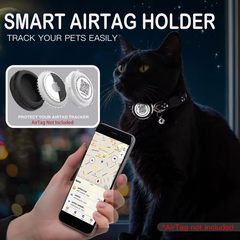GPS Tracker Cat Collar with Airtag Case Holder, Air Tag Cat Holder & QR ID Tag Dual Protection Kitten Collar for Gatos Apple Tag
