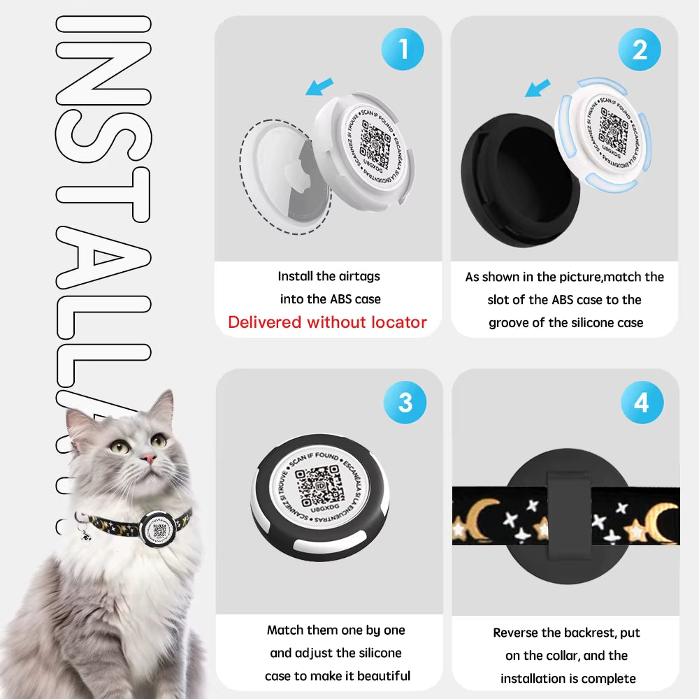 GPS Tracker Cat Collar with Airtag Case Holder, Air Tag Cat Holder & QR ID Tag Dual Protection Kitten Collar for Gatos Apple Tag