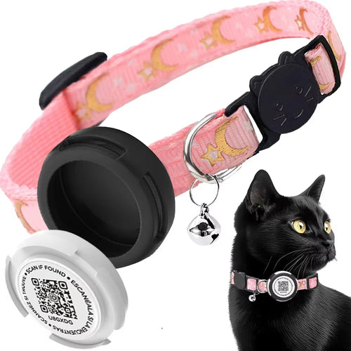 GPS Tracker Cat Collar with Airtag Case Holder, Air Tag Cat Holder & QR ID Tag Dual Protection Kitten Collar for Gatos Apple Tag